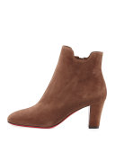 Tiagadaboot Suede 70mm Red Sole Bootie, Chatain Brown
