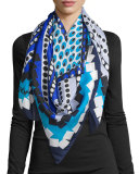 Silk Square Dot Bands Scarf, Blue