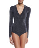 Decade Long-Sleeve Metallic V-Neck Bodysuit, Black