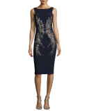 Sleeveless Embellished Crepe Cocktail Dress, Navy