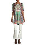 Paisley Half-Sleeve Long Tunic, Purple/Green/Red