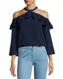 Layla Cold-Shoulder Ruffle Blouse, Navy