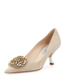 Jewel-Medallion Suede Pump, Quartz (Quarzo)