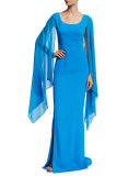 Classic Cady Cape-Sleeve Column Gown, Sky