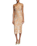 Crystal-Encrusted Floral-Lace Slip Dress, Suntan