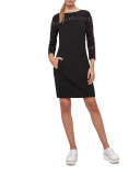 Lace-Inset Long-Sleeve Wool Dress, Black