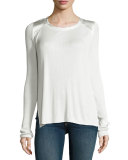 Gunner Ribbed Charmeuse-Trim Long-Sleeve Top, White