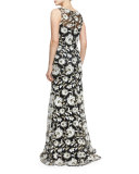 Floral Sleeveless Illusion Gown, Black/White
