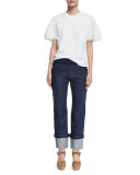 Boxy Cropped Jersey Tee with Embellished Sleeves, White