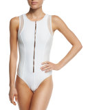 Afterglow Zip-Front Mesh-Trim One-Piece Swimsuit