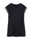 Cap-Sleeve Stretch Denim Shift Dress, Blue, Size 2-5
