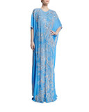 Metallic Floral-Embroidered Caftan, French Blue