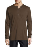 Collarless Long-Sleeve Polo Shirt, Olive
