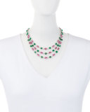 Three-Strand 18K White Gold Pink Topaz & Emerald Necklace with Diamonds