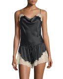 Lorena Lace-Trim Lounge Romper, Black/Tan