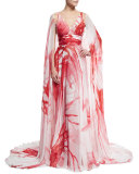 Printed Chiffon V-Neck Cape Gown, Ivory/Coral