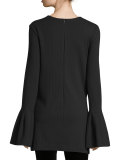 Ribbed Bell-Sleeve Tunic Top, Black