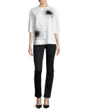Beaded-Sunburst Half-Sleeve Blouse, Off White