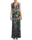 Sleeveless Floral Chiffon Gown, Blue