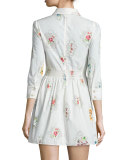 3/4-Sleeve Framed-Floral Shirtdress, Latte