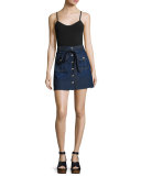 A-Line Button-Front Denim Miniskirt, Indigo