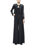 Grosgrain-Trim Cropped Leather Jacket, Black