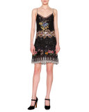 Embellished Silk Slip Dress, Black/Multi