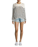 Striped Slit Crewneck Pullover Sweater, White/Blue