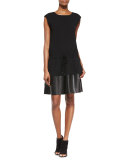 Waist-Tie Leather/Knit Combo Dress, Black