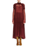Long-Sleeve Ruched Tiered Maxi Dress, Plum
