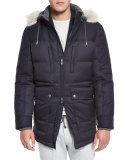 Mixed-Media Quilted Parka w/Fur-Trim Hood, Navy