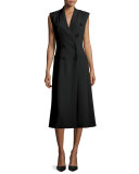 Double-Breasted Sleeveless Coat Dress, Black