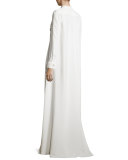 Long-Sleeve Embroidered Caftan Gown, White