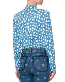 Star-Print Tie-Neck Blouse, Blue/Multi