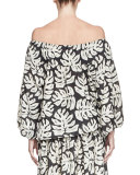 Palm-Print Off-the-Shoulder Blouse, White/Black