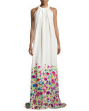 Pleated Floral-Print Halter Gown, White/Multi