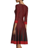 Dot Knit Scoop-Neck 3/4-Sleeve Dress, Caviar/Multi