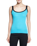 Contrast-Trim Scoop-Neck Cashmere Tank, Aqua