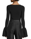 Willow Ribbed Bell-Sleeve Top, Black