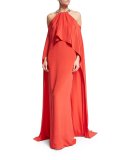 Halter Cold-Shoulder Cape Gown, Geranium