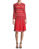 long-sleeve striped fit-and-flare dress