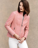 Stand-Collar Zip-Front Leather Jacket, Watermelon