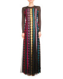 Daisy-Appliqué Long-Sleeve Gown, Black/Multi