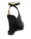 Intrecciato Peep-Toe Wedge Sandal, Black