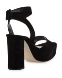 Suede Platform Ankle-Wrap Sandal, Nero