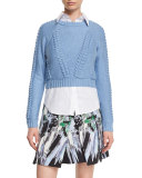 Cropped Braided-Stitch Sweater, Sky