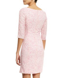 3/4-Sleeve Gathered Sheath Dress, Pink/Multi