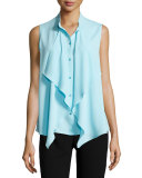 Ruffled Sleeveless Button-Front Blouse, Cerulean