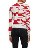 Cashmere Pixel-Print Short Cardigan, White/Red