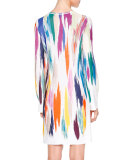 Long-Sleeve Intarsia Sheath Dress, White Multi